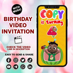 cocomelon video invite, cody cocomelon video, cocomelon mp4, animated invite, video evite, logo and personalized data