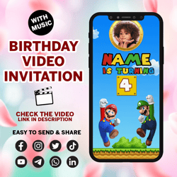 super mario invitation, super mario birthday video invitation, super mario birthday invitation, digital invite