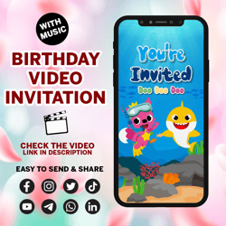 baby shark invitation, baby shark birthday party invitation, baby shark video invite, electronic invitation, animated