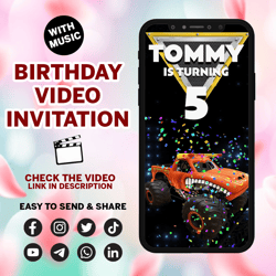 monster trucks birthday party video invitation, jam & smash personalized invite, digital party made to order, animated