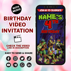 ninja turtles birthday video invitation for boy or girl, animated invite