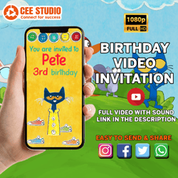 Pete the cat video invitation, Pete the cat birthday video invitation, Pete the cat invite, Pete the cat animated invite