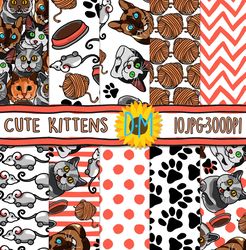 cute kittens paper set, 10 cat seamless patterns for scrapbooking and crafting