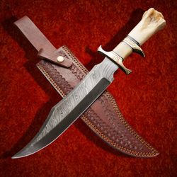 forged damascus steel hunting knife handle deer antler leather sheath handle and clip, hand forged damascus knife