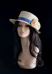 straw boater, straw hat flowers, straw hat women, wide brim hat sun, summer hat women