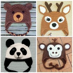 bear, deer, panda, and monkey beanies crochet pattern bundle