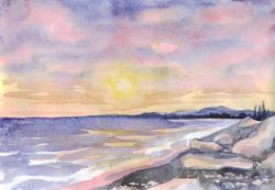 original watercolor painting seascape artwork 8x11 hand painting