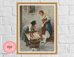 cross stitch pattern ,sharing the news ,eugen von blaas, pdf instant download , full coverage, x stitch chart