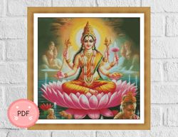cross stitch pattern,maha lakshmi, pdf instant download , x stitch chart,goddess on lotus,hinduism,indian god,hindu god