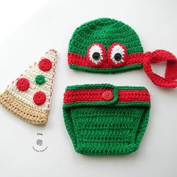 crochet pattern - ninja turtle hat, diaper cover and pizza set, crochet halloween costume, sizes newborn - 12 months