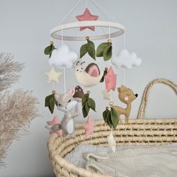 woodland baby mobile pink girl mobile, mobile with pink stars and clouds, mushroom, snail, fox, deer, natural mobile