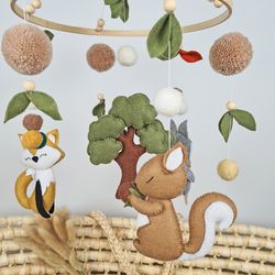 woodland baby mobile, forest mobile with pom-poms, mobile with tree, wolf, fox, squirrel, nursery crib mobile