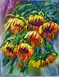 sunflowers in the wind, palette knife painting. author's painting
