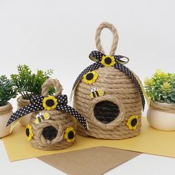 bee hive, bee skep, bee decorations, bee house with sunflower, bee tiered tray decor, bee shelf decor, bumblebee decor,