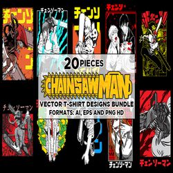 20 chainsaw man anime vector t-shirt designs bundle