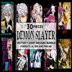 30 demon slayer anime vector t-shirt designs bundle