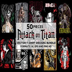 50 attack on titan anime vector t-shirt designs bundle