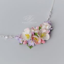 white and lilac flower necklace bridal floral necklace,wedding flower necklace clay flower necklace