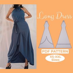 long maxi dress sewing pattern, high neck dress, fit and flare halter dress with bow, drop waist gown, princess prom