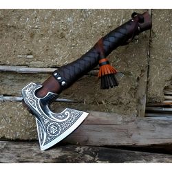 ultimate gift for him: handmade hunting axe - stylish viking throwing ash wood shaft bearded axe in carbon steel