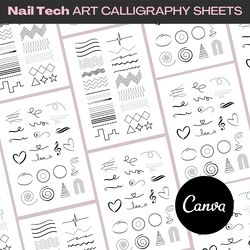 nail art calligraphy sheets, nail sketch book, nail tech beginner practice, editable in canva