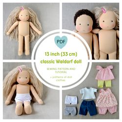 13 inch (33 cm) waldorf classic doll pdf pattern and tutorial. patterns of doll clothes as a bonus!