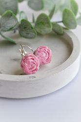 peony floral earrings, pink flower earrings, wedding earrings 925 silver base tiny and delicate miniature realistic flow