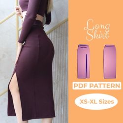 front slit skirt sewing pattern, curvy long bodycon skirt, 2 length maxi & midi skirt, figure hugging dress, xs - xl