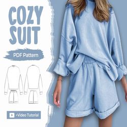 loungewear set sewing pattern | casual long sleeve  comfy shorts | xs-xl | detailed pdf download a0, a4, us letter
