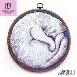 white cat cross stitch pattern pdf , sleeping cat cross stitch pattern , modern hoop art 0101, cute cat cross stitch