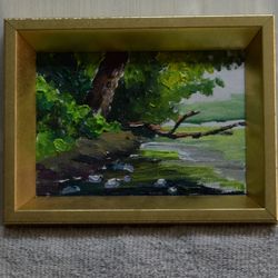 tabletop masterpiece: serene stream by the forest's edge. hand-painted original oil painting 7-inch with frame