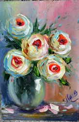 white roses in a vase, painting. interior decoration of the room. floral painting