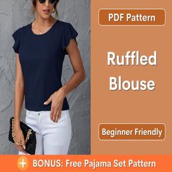 blouse pattern, top blouse pattern pdf, ruffled blouse pattern, easy digital pattern, top sewing pattern, woman blouse