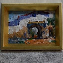 tabletop masterpiece: a view through the park's gateway. hand-painted original oil painting 7-inch with frame