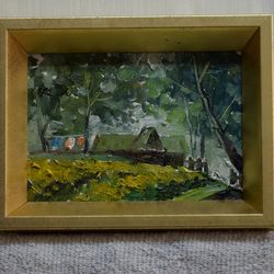 tabletop masterpiece: enchanting inn along the forest trail. hand-painted original oil painting 7-inch with frame