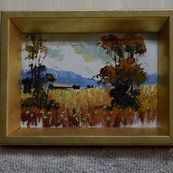 tabletop masterpiece: autumn glow retreat. hand-painted original oil painting 7-inch with frame