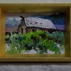 tabletop masterpiece: glimpse of a primitive village. hand-painted original oil painting 7-inch with frame