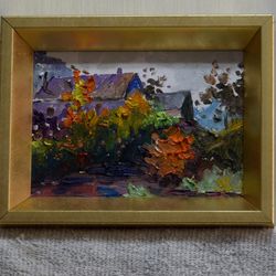 tabletop masterpiece: enchanting primitive village stroll. hand-painted original oil painting 7-inch with frame