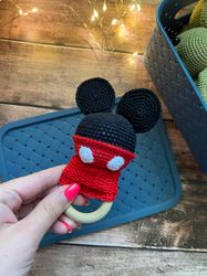 mickey mouse crochet rattle, first baby toy, baby gift, organic newborn toy, cotton knitted toy, baby mickey mouse