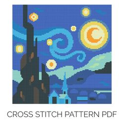 the starry night cross stitch pattern | painting cross stitch | counted cross stitch | easy cross stitch | wall decor