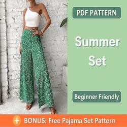 comfy pants & top pattern, wide leg pants pattern, summer outfit, crop top pattern, begginer sewing pattern, summer