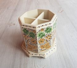 beige floral desktop rotating pencil holder stand hand-painted, russian souvenir table decor handmade