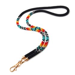 eye-catching native style beaded lanyard for badges, handmade accessory, teacher id holder, beaded nurse lanyard