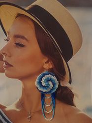 blue white beaded spiral disk tassels earrings. big beadwork  embroidery round earrings.  beach studs. gift for woman.