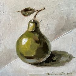 pear on table painting 7,5x8" fruit original art pear oil impasto painting kitchen wall art