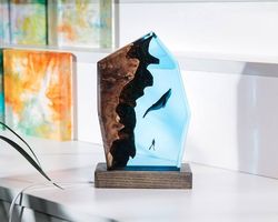 oceanic dreams mother child humpback whales night light, resin wood lamp, gift for father mother, birthday gift, family