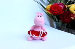 soft toy pink hippo in a skirt gift for a girl, handmade toy hippo for interior decor, crochet toy amigurumi hippo