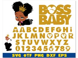 golden boss baby girl font, princess african boss baby girl & logo | baby girl birthday svg, afro boss baby girl svg