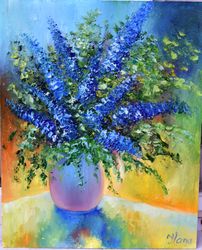 blue wild flowers in a vase. original painting. original painting