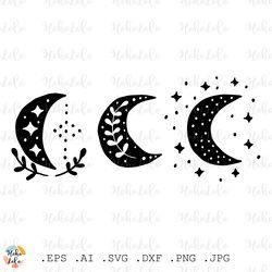 moon svg, magic mystical moon, moon silhouette, moon clipart png, moon cricut, moon linocut png, boho moon